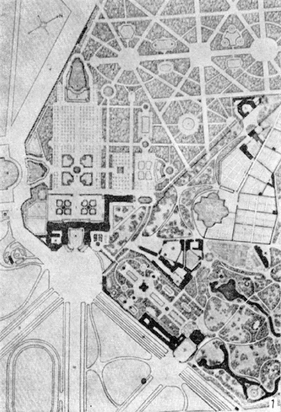 Архитектура Франции. Версаль. Малый Трианон, 1762—1768 гг., Ж. А. Габриэль: план расположения дворца в парке
