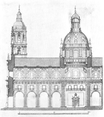 Архитектура Испании: Саламанка. Собор иезуитской коллехии (Ла Клересиа), начат в 1617 г., X. Гомес де Мора, достроен в конце XVII — начале XVIII в. братьями Чурригера. Разрез