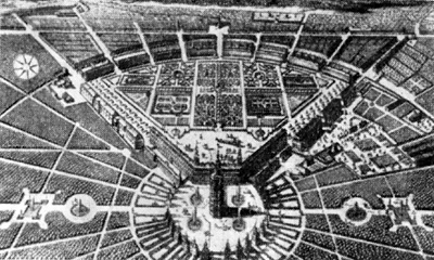 Архитектура Германии: Карлсруэ (Баден). Планировка города, 1715 г., дворец, 1715—1781 гг.: 1 — Карлсруэ, гравюра XVIII в.