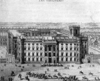 Архитектура Германии: Берлин. Королевский дворец, 1698—1706 гг., А. Шлютер: 1 — проект дворца (гравюра А. Шлютера)