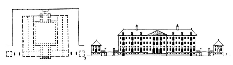 Архитектура Голландии: Амстердам: 3 — проект морского магазина XVII в., Д. Стальпарт, план 1-го этажа и фасад