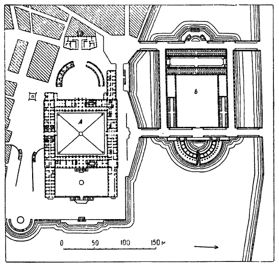 Архитектура Швеции: Стокгольм. Королевский дворец, 1697—1754 гг., Н. Тессин Младший. На плане: А — дворец; Б — неосуществленные конюшни