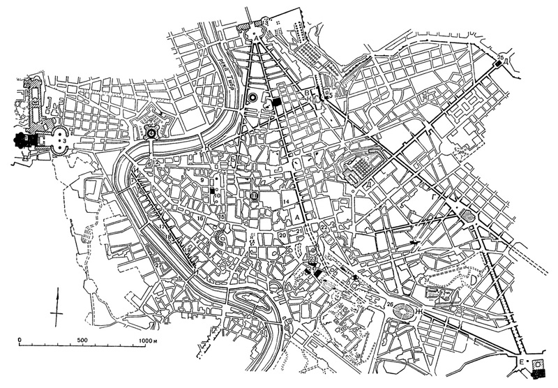 Архитектура эпохи Возрождения в Италии: Рим. План города с нанесением главных улиц, пробитых и реконструированных в XVI—XVII вв.