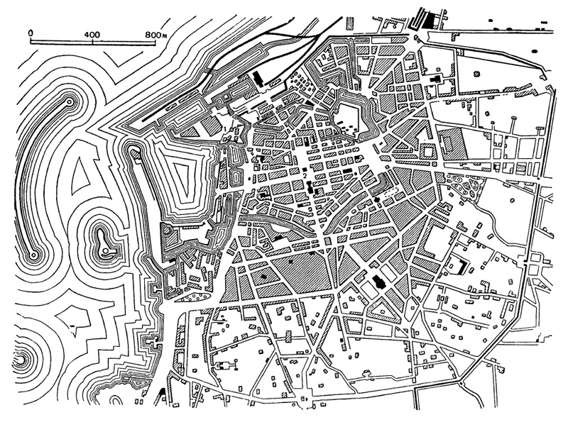 Архитектура эпохи Возрождения в Италии: Ливорно. Схматический план города: 1 — старая крепость; 2 — ансамбль центральных площадей