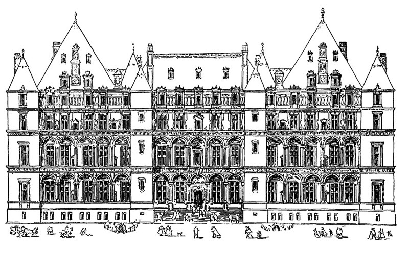 Архитектура Франции эпохи Возрождения: Париж. Мадридский замок, начат в 1528 г. Джироламо делла Роббиа, Пьер Гадье. Фасад по Дюсерсо