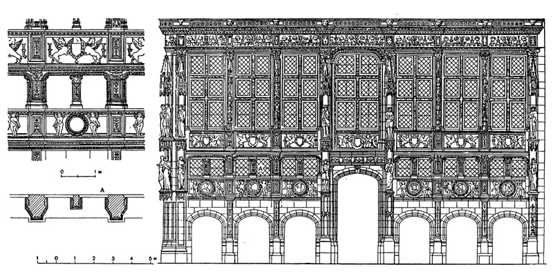 Архитектура Франции эпохи Возрождения: Руан. Финансовое бюро, 1510 г. Ролан Леру. Фасад по Соважо