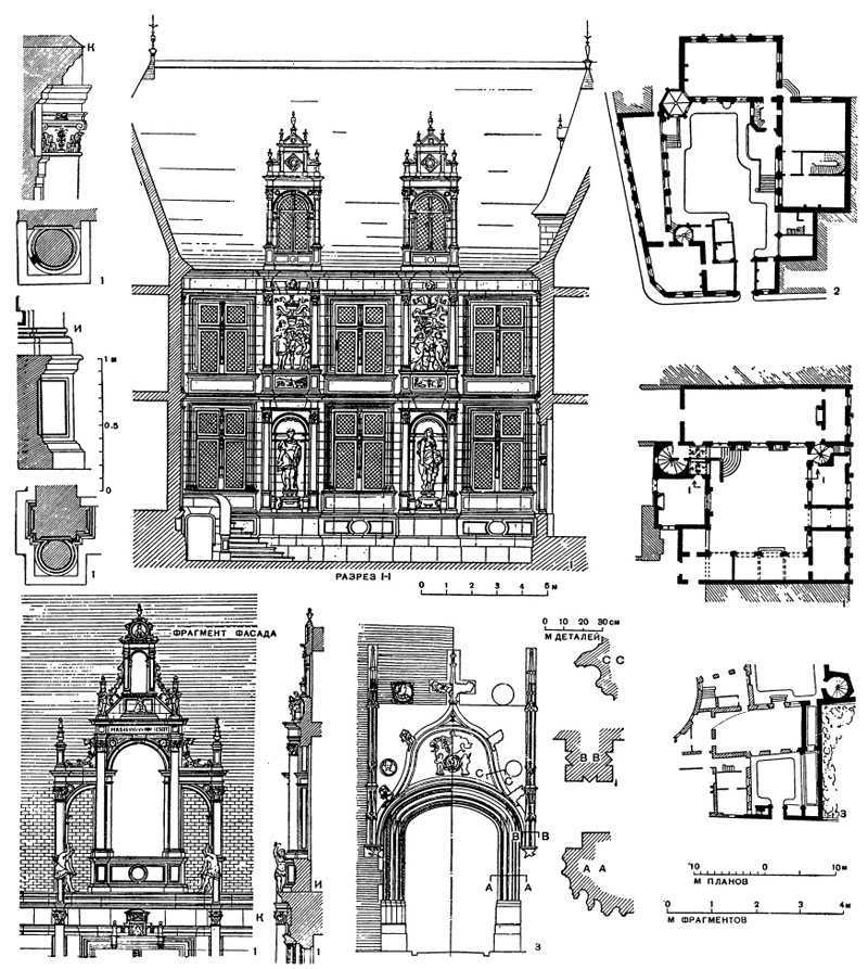 Архитектура Франции эпохи Возрождения: 1 — Кан. Отель д’Эковилль, 1535—1538 гг.; 2 — Руан. Отель Бургтерульд, конец XV в. — начало XVI в.; 3 — Тулуза. Отель Бернюи, около 1550 г.