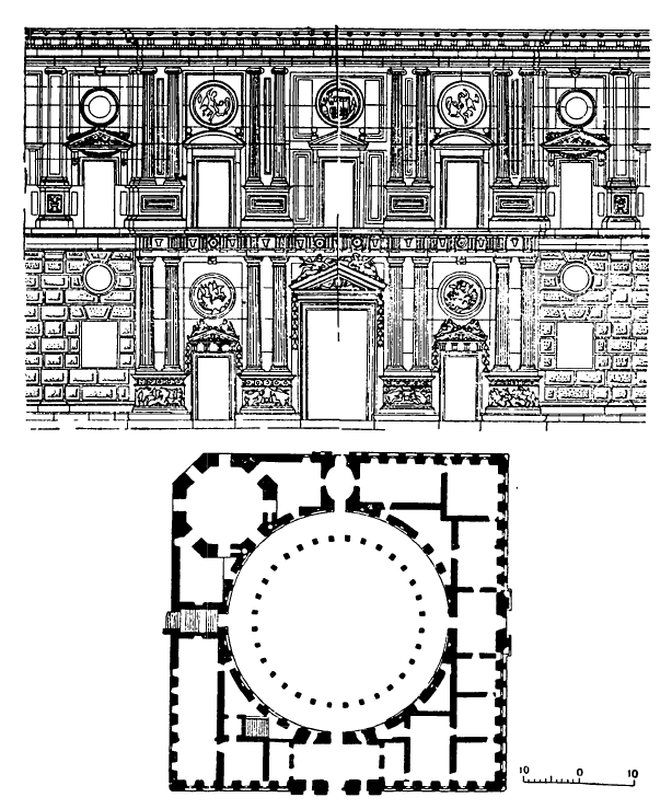 Архитектура Испании эпохи Возрождения: Гранада. Дворец Карла V, начат в 1526 г. Педро Мачука. Фрагмент фасада, план 1-го этажа