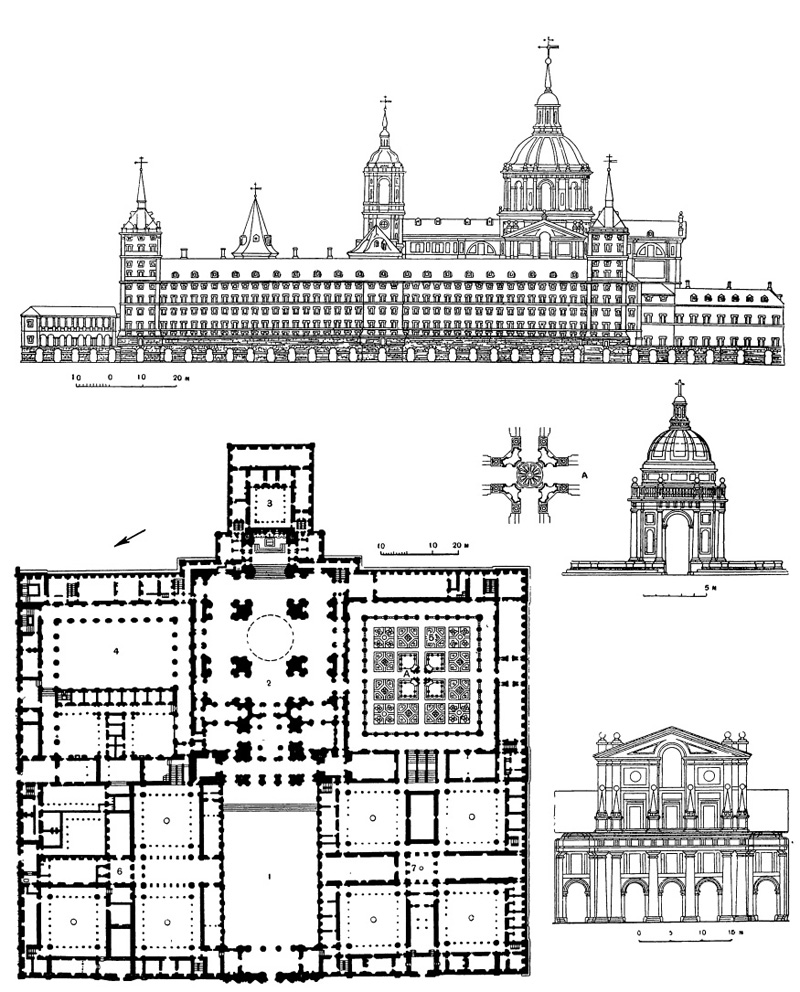 Архитектура Испании эпохи Возрождения: Эскориал. Дворец-монастырь. Юго-западный фасад, план, храм евангелистов, восточный фасад дворика королей