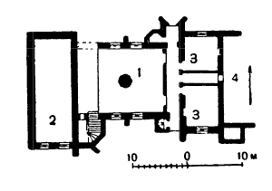 Архитектура Великобритании:  Пенсхерст Плейс (гр. Кент). Типичный план средневекового усадебного дома; около 1341 г.: 1 — холл (посредине очаг); 2 — гостиная; 3 — кладовая; 4 — проход в кухню