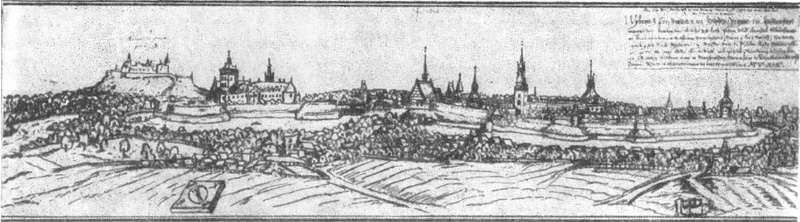 Архитектура Чехии эпохи Возрождения: Пардубице. Общий вид города в 1602 г. Рисунок Вилленберга