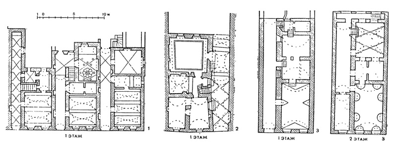 Архитектура Словакии эпохи Возрождения: Планы городских жилых домов: 1,3 — одноэтажные и двухэтажные дома в Банской Быстрице; 2 — в Попраде 