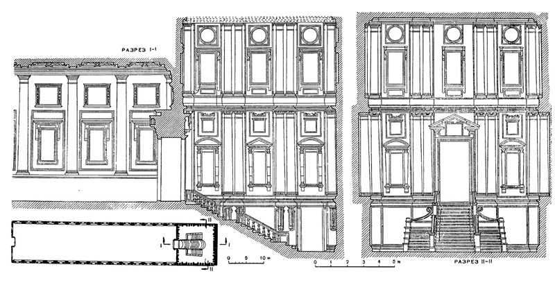 Архитектура эпохи Возрождения в Италии: Флоренция. Библиотека Лауренциана, 1559 г. Микеланджело. Разрезы и план